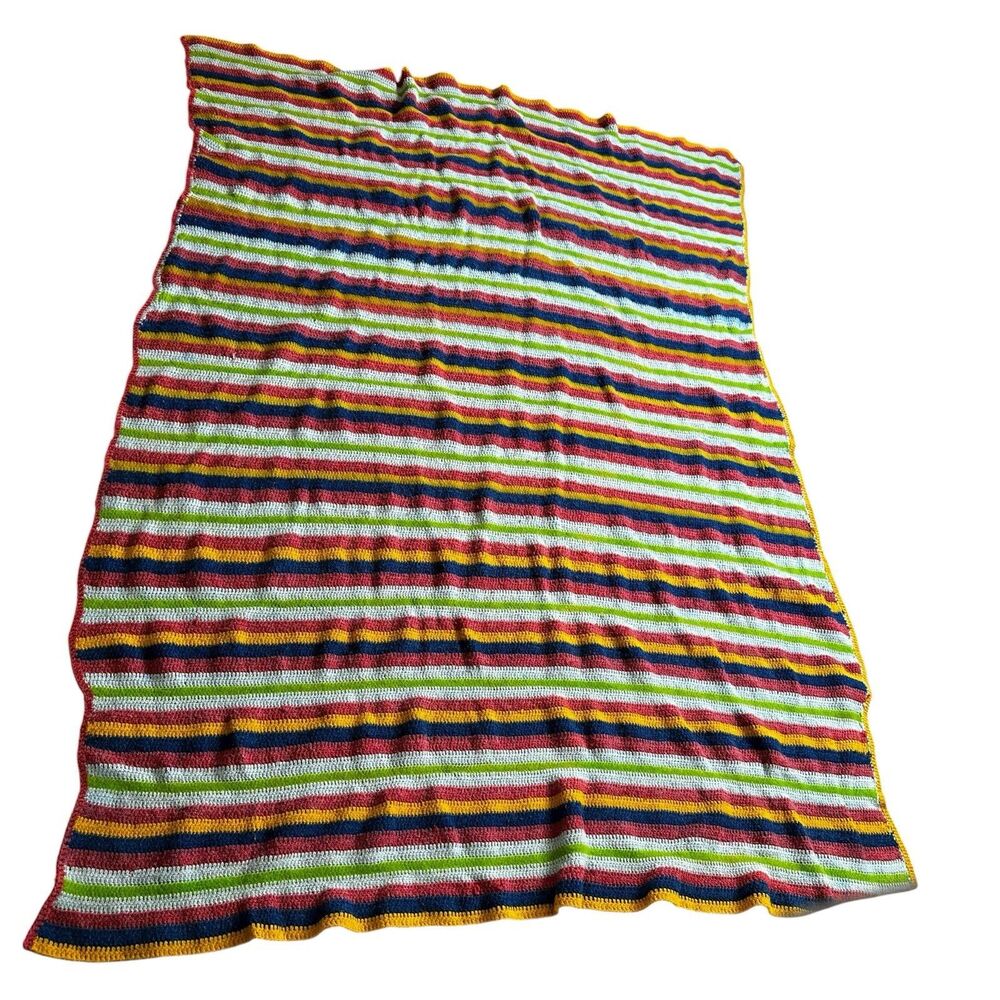 Handmade Crochet Throw Blanket Multi Color Striped Retro Boho Afghan Rectangle‎